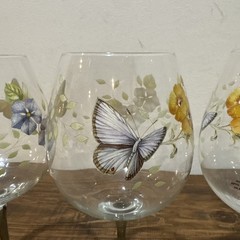 4 Beautiful Lenox Butterfly Meadow Clear Hand Etched Balloon Wine Goblet 8 7/8”