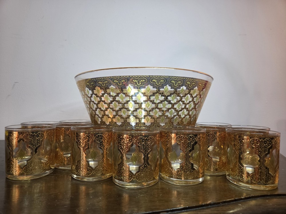 VTG Culver Valencia Punch Bowl Set 22kt Gold Guilded 11 Glasses