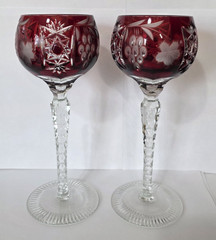 Pair of AJKA MARSALA Ruby Red Cut To Clear 24% PBO Crystal Hock Wine Glasses
