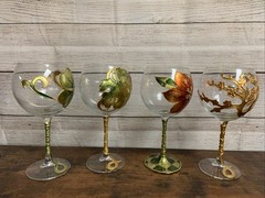 Set of 4 Art Glass Hand Gilded Painted in Italy Amedeo Wine & Flower 🌺 🍷