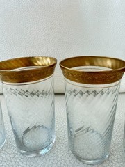 SET OF 6 VINTAGE CLEAR GLASS CUPS GOLD GILT RIM FLORAL SCROLL BARWARE