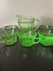 Green URANIUM DEPRESSION Glass HOCKING Colonial Knife & Fork SET 5 CUPS/ Pitcher