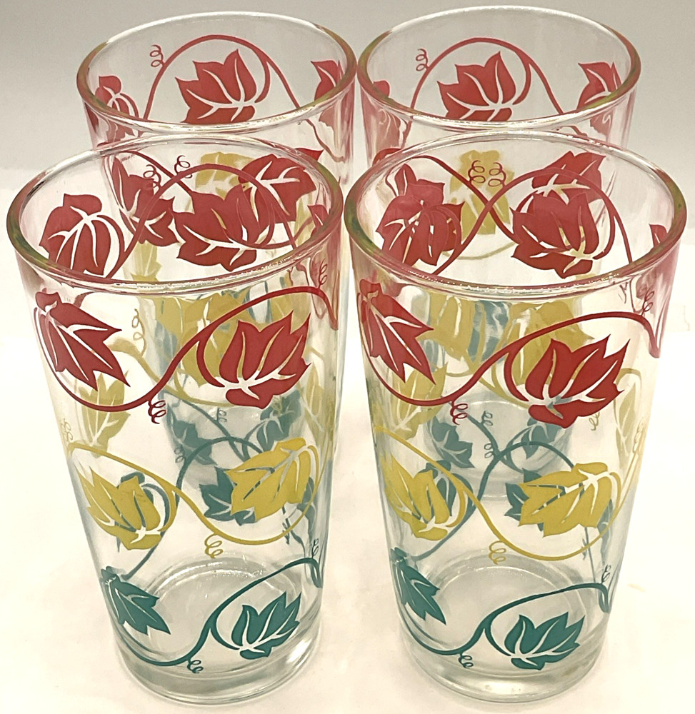 Vintage 5 in. MCM Green Yellow Pink Ivy Drinking Juice Water Glasses Tumblers