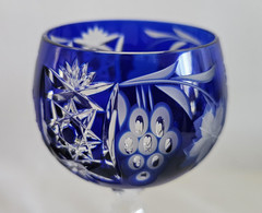Vintage Pair Cobalt Blue Cut to Clear Crystal Wine Goblets Faceted Stem 8.25”