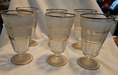 Vtg MCM Water Goblets/ Parfait Glasses Clear Frosted Glass Gold Rimmed SET OF 6
