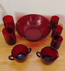 Vintage Ruby Red Glass Set of 8 – Bowl, Tumblers, Cups, VG