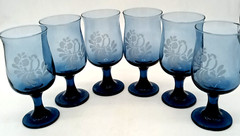 Vtg Pfaltzgraff Set of 6 Folk Art Blue Stemmed Etched Bird Wine Goblets