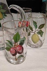 Vintage West Virginia Glass 10″ Pitcher Tumblers 5″ Hand Painted Fruit🍑🍎Gold