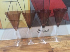 4 – 9″ Blown Glass plum Goblets clear stem wine Toasting Glasses conical MINT