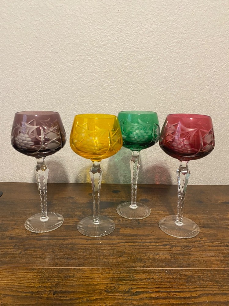 SET(4) VTG LAUSITZER LA16 Multicolored Cut To Clear Crystal Hock Wine Glasses 8″