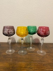 SET(4) VTG LAUSITZER LA16 Multicolored Cut To Clear Crystal Hock Wine Glasses 8″