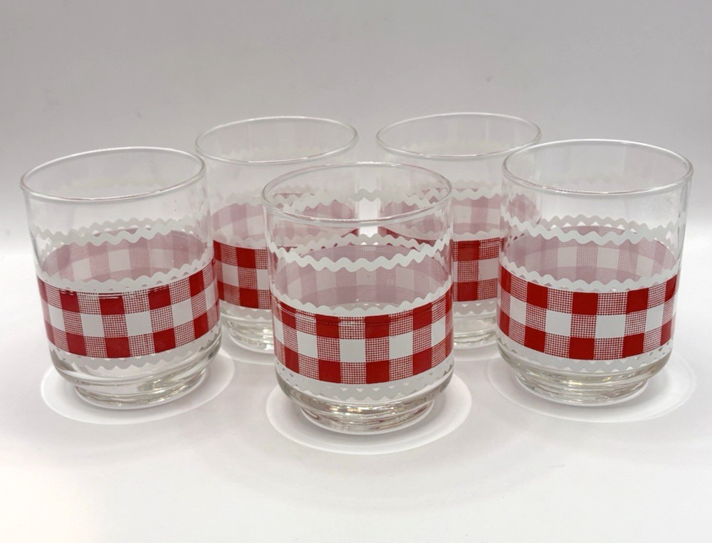 Set of 5, 1970’s Libbey 6 oz RED GINGHAM & BRIC BRAC Cottage Core Juice Glasses