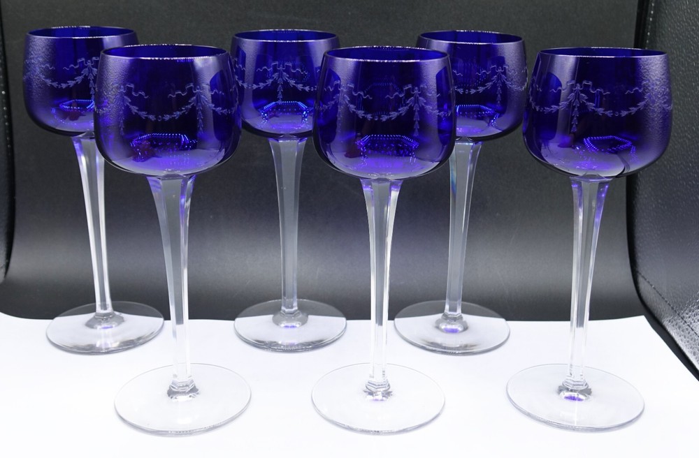 FRENCH Baccarat Blue Crystal Lily of the Valley Floral Hoock Wine Glasses Set 6