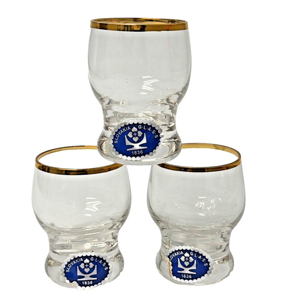 Lot Of 3 vintage Slovakia Glass cordial glasses with a gold band & 1836 Barware