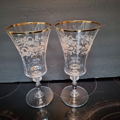 Mikasa Antique Lace Set 2 Iced Tea Water Goblets 8″ Floral Gold Trim Vtg 1990s