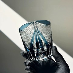 Edo Kiriko Crystal Whiskey Glasses Hand Cut To Clear Blue 12oz Gift Packing