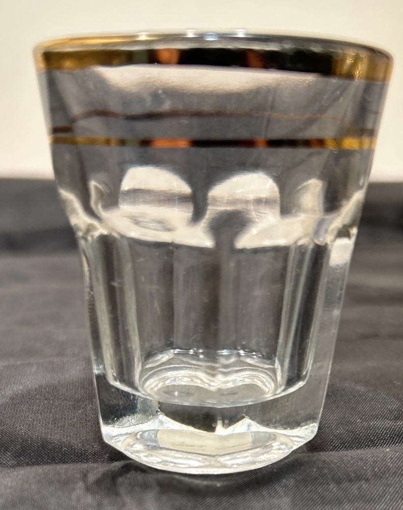 Vintage Shotglass Fluted Bottom 2.5” A Throw Back Shot Glass Two Gold Rims Nice