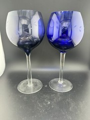 Pair Of Floral Etched Glasses 8 1/2” Two Tone Blue See Photos