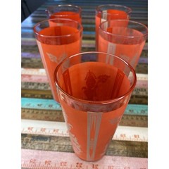 Thai Goddess High Ball Glass Mid Century Modern Retro Bar Set of 5 Asian MCM Red