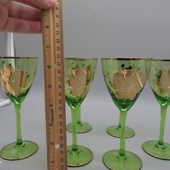 6 Green Romanian 22k Gold hand painted Floral Wine Goblets 6 1/2″ VTG MCM