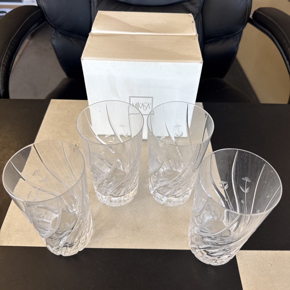 4 Mikasa English Garden Crystal Highball Glasses Etched Flowers XY 708/012
