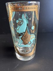 (4) Fred Press Signed Turquoise Trojan Horse Highball Gold Gilded Glasses MCM