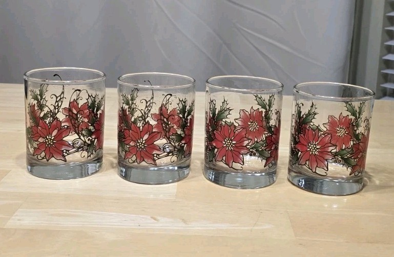 Libby Christmas Poinsettia Rocks Low Ball Vintage Set Of 4