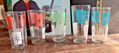 5 Vintage MCM Hazel Atlas Atomic Starburst Tumblers Turquoise Green Pink