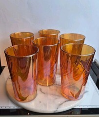 6 Vintage Imperial Marigold Carnival Glass Tumblers Ripple Swirl Iridescent Set