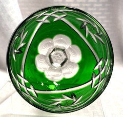 AJKA/FIFTH AVE WINE GLASS EMERALD GREEN CUT TO CLEAR CRYSTAL BOHEMIAN HUNGARY