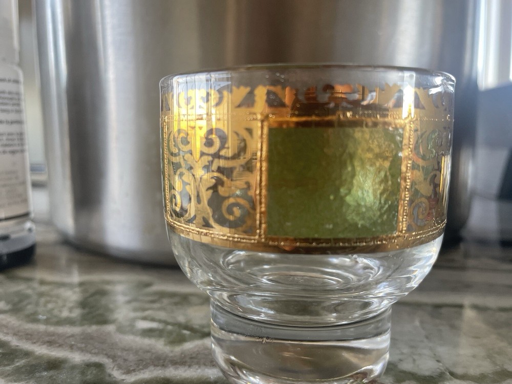 Set Of 8 Vintage MCM Culver Prado Footed Rocks Glasses In Green & Gold 4oz