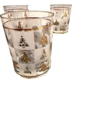 Culver Mid-Century Christmas Highball Glasses Set Of 4 Gold Trees Frosted Square