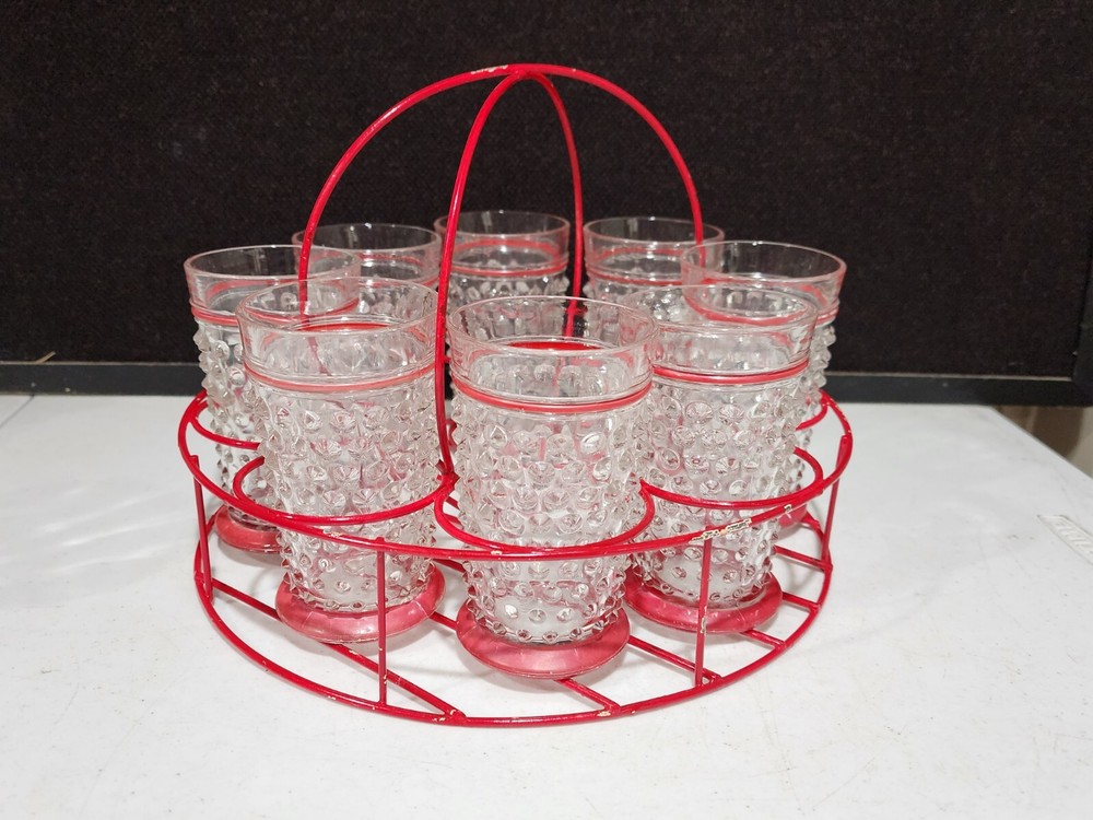 SET OF 8- Vintage Anchor Hocking Hobnail Tumblers Red Base & Stripe IN CARRIER!