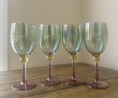 VTG Euroglass Italy 4 Hand Blown Wine Glasses Pink Stem Teal Bowl Iridescent