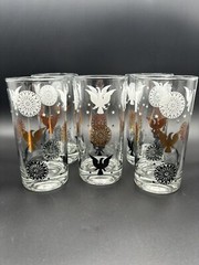 MCM Style Eagle Medallion Tumbler Drinking Glasses Black Gold White Set Of 5 Vtg