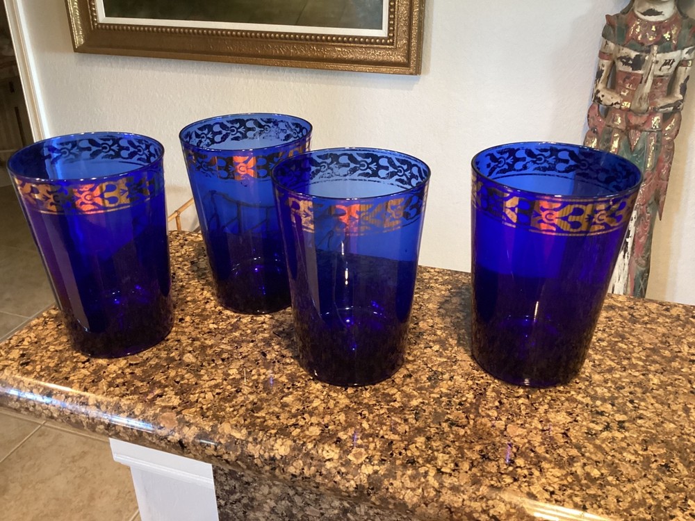 Vintage Cobalt Blue Gold Border Glasses MCM -Set of 4