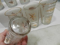 8 Vintage Libbey Gold Leaf Drinking Glass Tumblers Gold Rim Frosted (Q80JK)