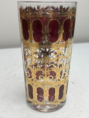 Vintage MCM Culver Cranberry Scroll 22Kt Told Filigree Highball 6 & Pitcher