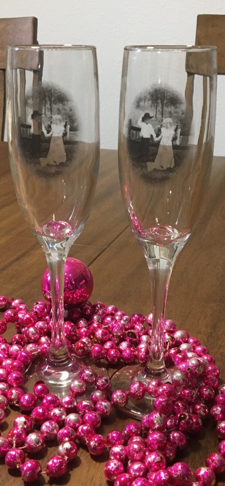 2 vintage engagement or wedding wine~champagne glasses w/etched cowboy and girl~