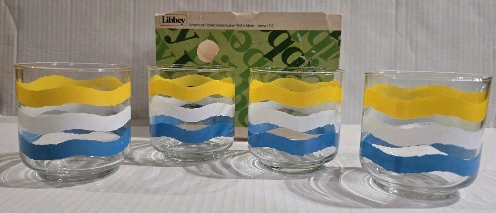 VTG Libbey Rocks Glasses Tumblers 80s Blue White Yellow Stripes 10 oz Set Of 4