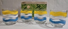 VTG Libbey Rocks Glasses Tumblers 80s Blue White Yellow Stripes 10 oz Set Of 4