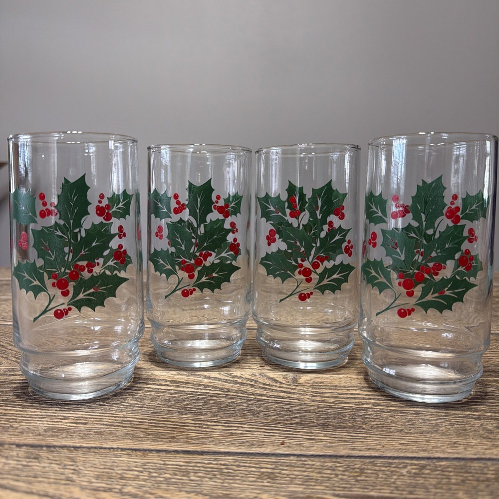 (4) Vtg Indiana Glass Nostalgic Christmas Holly Berries Tumblers 6″ Holidays