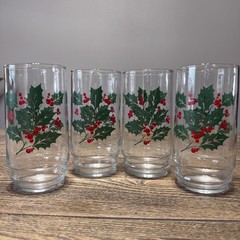 (4) Vtg Indiana Glass Nostalgic Christmas Holly Berries Tumblers 6″ Holidays