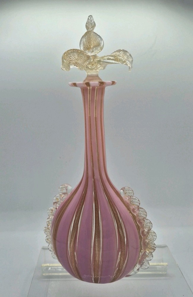 VTG Venetian Murano Glass Pink Copper Stripped Decanter Flower Stopper 9.5″ Tall