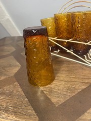 VTG MCM Amber Textured Glasses Tumblers 12 oz set of 8 w/ Caddy RARE FIND