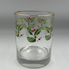 Holly Holiday Barware DOF Vintage – Gold Rim – 4-1/8 in 12 oz