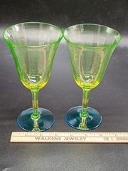 VTG Pair of 1930s Tiffin Franciscan Uranium Water Goblet Glass Blue Green *Read*