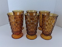 Whitehall Indiana Glass Amber Cubist 12 oz Footed Tumblers 6″H Vintage 6 pcs