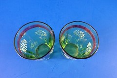 2 EAPG Victorian Green Optic Ribbed Tumblers Sweet Enameled White Blue Flowers
