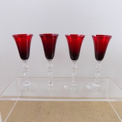 4 Cambridge Glass Ruby Red 3035 Cordial Glasses 5″ Tall Ribbed Ball Stem VGC